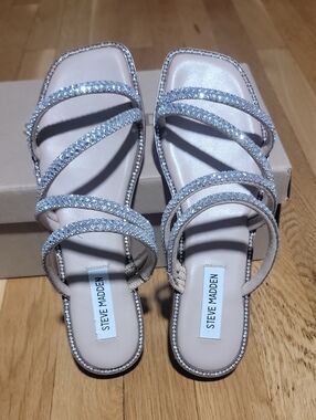 Steve Madden Silver Crystal Multi-Strap Slide Sandals